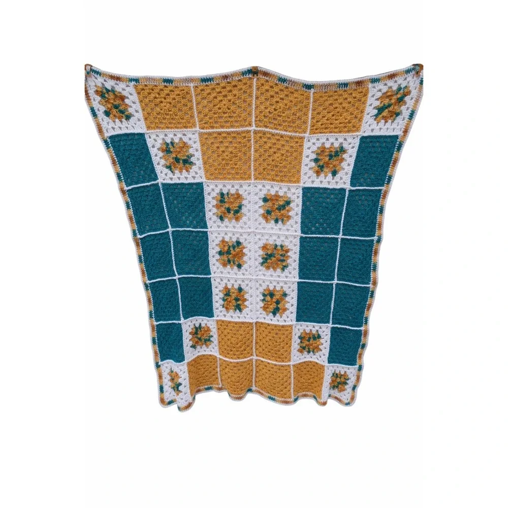 Vintage Teal & Gold Granny Square Afghan – Handmade St. Paul Sewing Guild